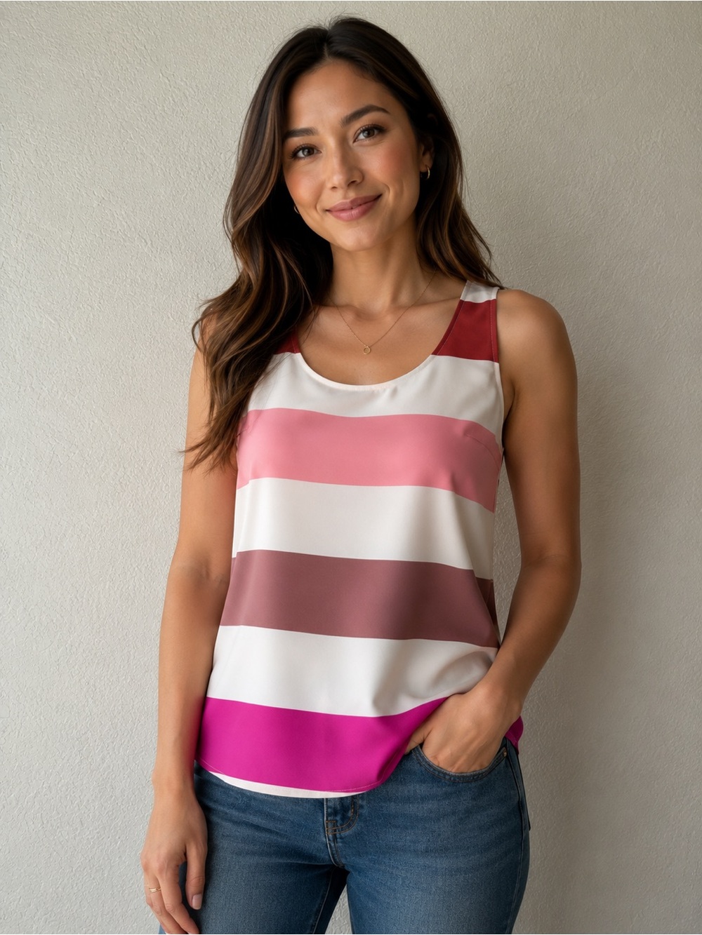 LOFT Sleeveless Striped Tank in Pink, White & Burgundy